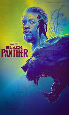 the black panther movie poster with a man standing on top of a large animal