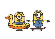 two minion characters are riding on skateboards