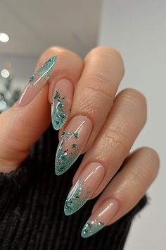 Cute Pattern Nails, Nail Art French Designs, Green Blue Nail Designs, Green Nails Simple Design, Emerald Green Nail Designs Almond, Green And White Prom Nails, Whimsical Nail Designs, Pretty French Tips, Green Grad Nails