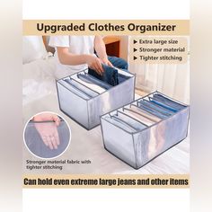 two clear storage bins on the floor with one open and another closed to reveal clothes