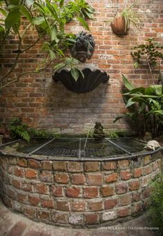 a brick wall with a fountain in the center and plants growing on it's sides