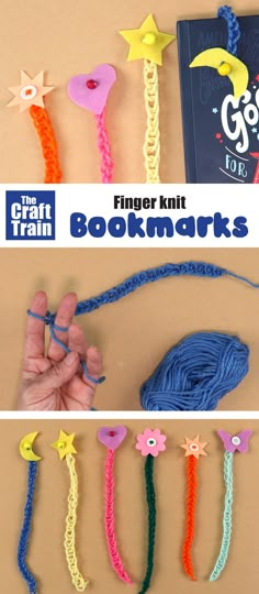 the craft train finger knit bookmarks are made with yarn and plastic beads, as well as crochet stars