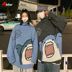 Abfer Autumn Winter Men Turtlenecks Cartoon Shark Sweater 2021 Women's Jumper Oversized Pullovers Shark Sweater, Kawaii Sweater, Harajuku Clothes, Cartoon Shark, Turtle Neck Men, Couples Sweaters, Oversized Turtleneck Sweater, Cute Shark, Oversized Turtleneck