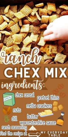 the ingredients for homemade chex mix are shown in this graphic above it's description