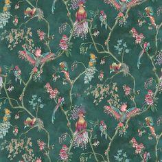 a green wallpaper with colorful birds and flowers on it's branches in front of a dark blue background