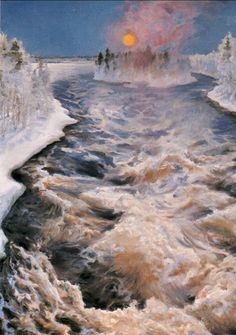 an oil painting of a river in the snow