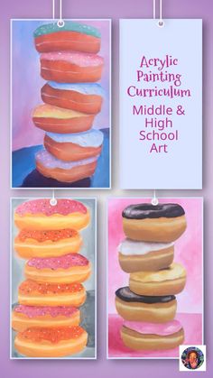 three pictures with donuts hanging from them and the words acrylic painting, curingum middle & high school art