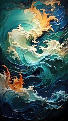 an abstract painting with waves and clouds in blue, orange and white colors on a black background