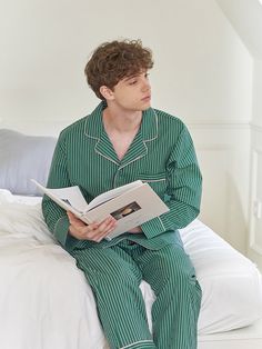 Editor's Notes This Green Stripe Pajama Set is aset of a shirt and pants for men.The trendy pink on lovely green pajama setis lively and playful. - Long sleeves- Comfortable fit- Pockets on the top and bottom - The waist banding design of the pants forexcellent fit * Comes with a gift box* Gift box shipped separately to preventdeformationMeasurements(in.)Top (S-L)- Length: 30in- Chest: 22.8in- Sleeve: 24in Bottom (S-L)- Length: 37.8in- Waist: 15.3in- Hip: 22in& Green Long Sleeve Sleepwear With Relaxed Fit, Green Cotton Pajama Party Set, Green Cotton Long Sleeve Sets, Casual Green Pajama Party Sets, Casual Green Sets For Pajama Party, Striped Pyjamas, Sleepwear Robe, Shirt And Pants, Green Stripes