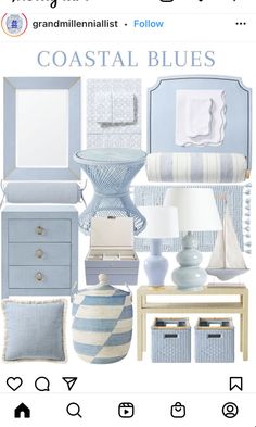 an instagram page with blue and white furniture, pillows, lamps and other items