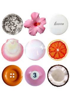 several different types of buttons with flowers on the top one is orange, pink and white