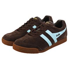 Retro Shoes Women, Gola Sneakers Outfit Women, Cool Shoes Women, Colourful Trainers, Gola Harrier, Dark Shoes, Gola Sneakers, Gola Shoes, Brown Trainers