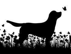 a black and white silhouette of a dog with a butterfly in its mouth