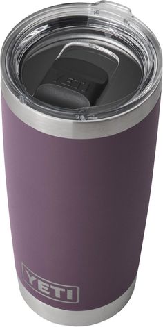 the yeti coffee cup is purple and silver