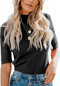 Business Casual Top, Womens Tops Dressy, White T Shirts, Business Casual Outfits For Women, Casual Summer Tops, Black And White Tops, Women Long Sleeve Tops, Tshirt Outfits, Mock Turtleneck