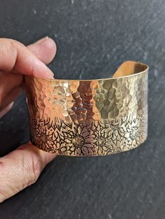 Wide Bronze Cuff Bracelet With Sunflowers and a Hammered Texture - Etsy Bronze Cuff Bracelet, Silver Cuff Ring, Patina Jewelry, Cave Creek Az, Bronze Gifts, Hammered Jewelry, Etched Copper, Custom Initial Necklace, Cave Creek