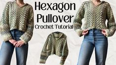 an image of a woman wearing a sweater and jeans with the text hexagon pullover crochet