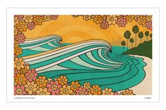 an image of a painting with flowers and waves