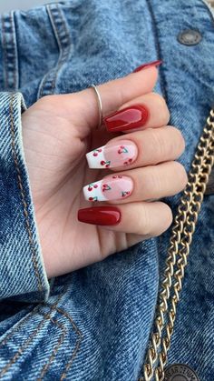 Cherry Nails Almond Shape, Nail Design Coffin Shape, Cherry Nails Simple, Nail Cherry Designs, Black Nails With Cherries, Cherry Nails Aesthetic, Simple Nail Designs Coffin Shape, Cherry Nails Coffin, Coffin Shape Nail Ideas