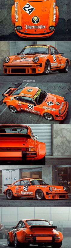 an orange race car is shown in three different views