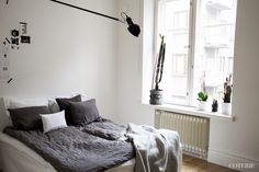 a bed sitting in a bedroom next to a window with potted plants on it