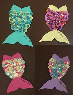 four little mermaids made out of paper with sequins and bows on them