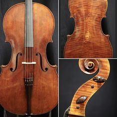 four different views of the back and side of a violin, including an upright bass