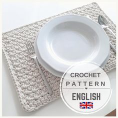 a white plate sitting on top of a table next to a fork and knife with the words crochet pattern english