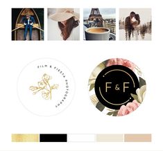 the logo for f & f photography is shown in several different colors and styles, including black, white, gold, and grey