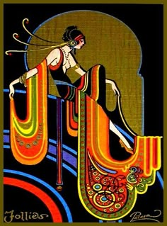 an art nouveau painting with a woman in orange and yellow dress on a black background