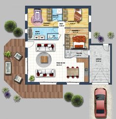 an overhead view of a floor plan for a house with two cars parked in the driveway