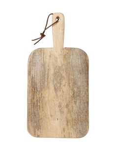 a wooden cutting board with a brown string on it's end and a white background