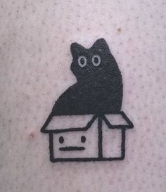 a black cat sitting on top of a box with eyes drawn on it's back