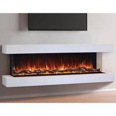 an electric fireplace with flames in the middle and television above it on a wall mounted shelf