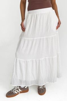 Lovely Day Skirt White Tiered Skirt, White Flowy Skirt, Long White Skirt, Cancun Outfits, White Maxi Skirt, White Long Skirt, White Maxi Skirts, Long Skirts, Short Sleeve Cardigan