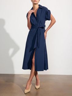 Brochu Walker - $348.00 | Assured to be a new favorite, our Fia Belted Dress is the ultimate warm weather style. In an easy fit, shirtdress silhouette, it features pre-rolled, pre-tacked, short sleeves and relaxed shoulders for added comfort. While classic details like a button-front placket and shirt collar give it that tailored sensibility you love, removable self-belt adds that Brochu Walker touch you always covet. #brochuwalker #springfashion #AD Belted Aline Dress, Drop Waist Shirt Dress, Navy Outfits For Women, Navy Dress Accessories, Summer Dresses For Work, Navy Dress Outfit, Summer Work Dress, Sunmer Dresses, Summer Work Dresses