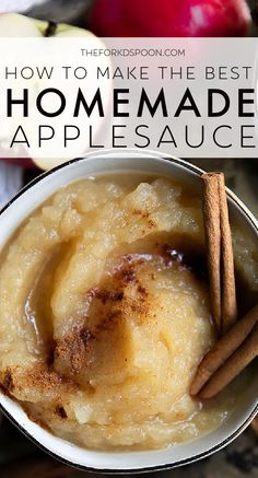 homemade applesauce in a bowl with cinnamon sticks