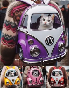 the cat is peeking out of the window of the vw camper van in four different colors