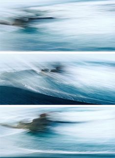 three pictures of the same person surfing in the ocean, one is blurry and the other is blurred