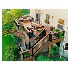 an aerial view of a deck and patio area