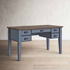 a blue desk with two drawers on the top and one drawer at the bottom, in front of a white wall