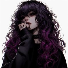 a drawing of a woman with long purple hair and black clothing, holding her hand to her face