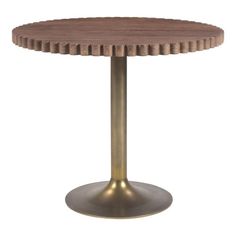 a round wooden table with metal base on an isolated white background for use in interior design