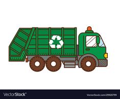 a green garbage truck with a recycle on the back