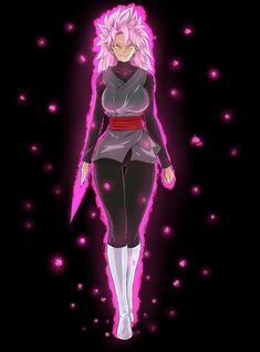 an anime character with pink hair standing in front of purple and black lights on a black background