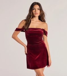 Flirtatious and chic will be your vibe in this mini dress designed with velvet fabric for a luxe look. It features an off-the-shoulder straight-across neckline with short sleeve cuffs, pleating at the bodice and waist, and a short A-line silhouette.Fit & FeaturesVelvet fabric, stretchy knit liningOff-the-shoulder straight neckline, short sleeve cuffsPleated detailing at the bust and bodiceMini-length A-line silhouetteRuns true to size Off The Shoulder Velvet Dress, Velvet Hoco Dress, Red Formal Dress Short, Off The Shoulder Dress Short, Velvet Off The Shoulder Dress, Sorority Dresses, White Holiday Dress, Sequin Holiday Dress, Holiday Formal Dresses