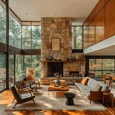 a large living room with wood floors and stone fireplace in the center surrounded by glass walls