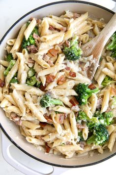 pasta with ham and broccoli in a skillet