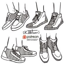 six pairs of shoes with different laces on the toes and feet, drawn by hand