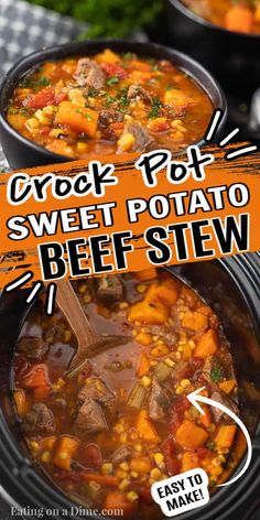 two black bowls filled with beef stew on top of a checkered table cloth and the words crock pot sweet potato beef stew